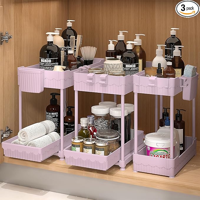 Sevenblue 3 Pack Under Sink Organizers, 2-Tier Multi-Use Kitchen and Bathroom Organizers and Storage with Sliding Drawers, Bathroom Cabinet Organizer (Pink, 12.8 Inch)