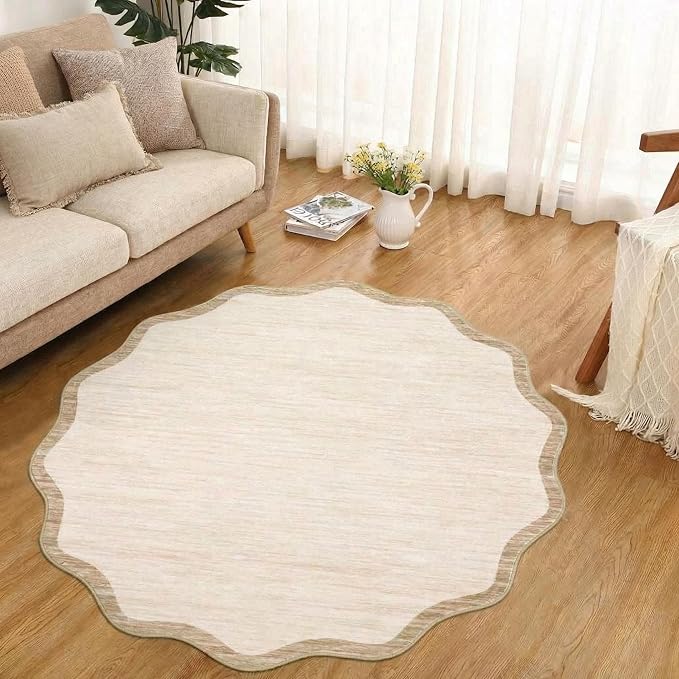 GarveeHome Scalloped Round Rugs 5Ft Washable Area Rug for Playroom, Kids Non-Slip Neutral Classic Circle Rug Modern Large Carpet Soft Boys Rug for Classroom Dorm Bedroom, Beige