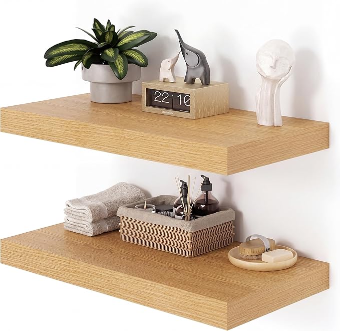 Heimlove 12" Deep Floating Shelves for Wall, 24 Inch Shelf Bathroom Shelves Set of 2, Mounted Shelves for Books Living Room Laundry Room Bedroom Kitchen Home Office, Oak