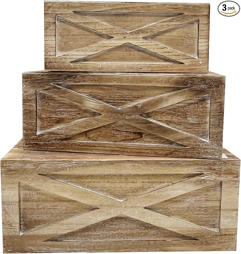 Admired By Nature Wooden Crates Storage Container, Set of 3 Farmhouse Style Decorative Baskets for Home Decor, Rustic Decor, Nesting Stackable Organizers, Distressed Wood Crates, Barn Door Light Brown
