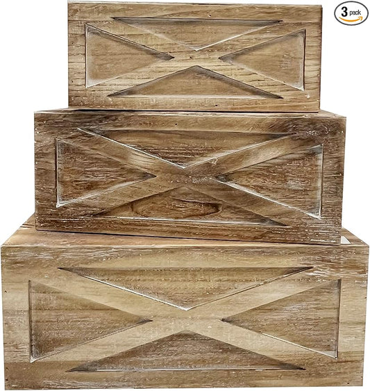 Admired By Nature Wooden Crates Storage Container, Set of 3 Farmhouse Style Decorative Baskets for Home Decor, Rustic Decor, Nesting Stackable Organizers, Distressed Wood Crates, Barn Door Light Brown