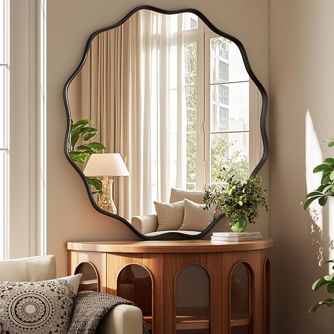 Round Wavy Mirror 36 Inch Bathroom Vanity Mirror Metal Frame Circle Wall Mounted Mirror for Bedroom Living Room Entryway Black
