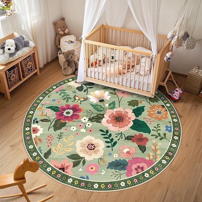RELEANY Floral Nursery 4ft Area Rugs Washable Print Boho Cute Carpet Non Slip Flower Low Pile for Living Room Kids Girls Playroom Bedroom Kitchen Office Farmhouse-Light Green