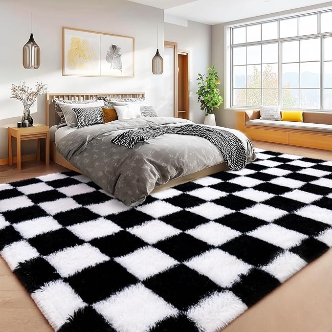 Checkered 8x10 Area Rugs for Living Room, Ultra Soft Fluffy Large Shaggy Rug Carpet for Bedroom, Non-Slip Fuzzy Plush Rugs for Nursery Boys Girls Kids Room Modern Indoor Home Decor, Black and White