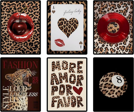 6pcs Fashion Leopard Wall Art Prints Leopard Lucky 8 Ball Poster Ace of Hearts, Spades Poker Canvas Prints Vintage Preppy Room Aesthetic Cheetah Wall Decor for Teen Girls Bedroom Dorm Apartment Living Room Decor Unframed