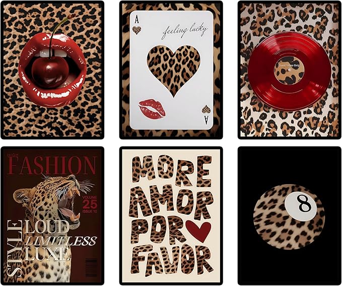 6pcs Fashion Leopard Wall Art Prints Leopard Lucky 8 Ball Poster Ace of Hearts, Spades Poker Canvas Prints Vintage Preppy Room Aesthetic Cheetah Wall Decor for Teen Girls Bedroom Dorm Apartment Living Room Decor Unframed