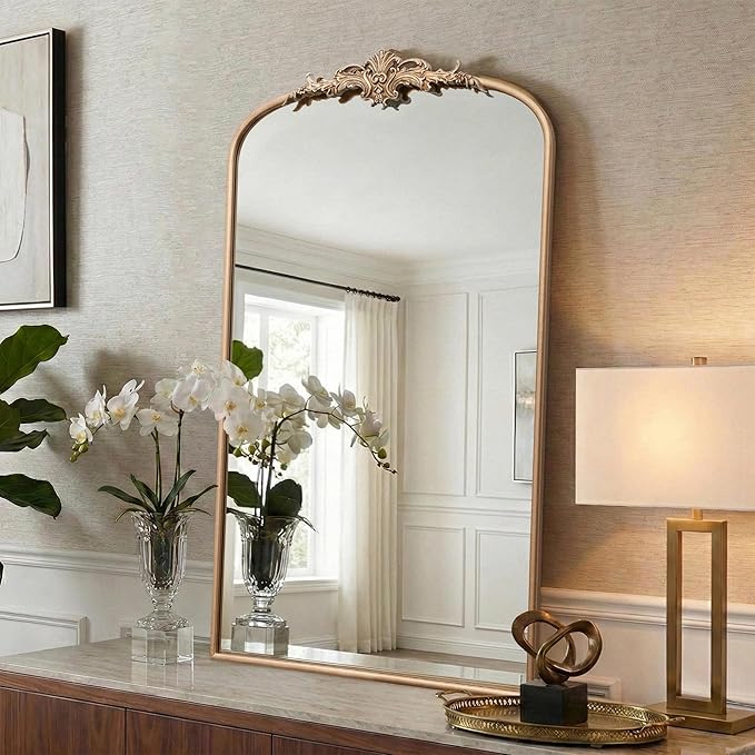 Besdomus Vintage Gold Wall Mirror: 24"x42" French Large Arch Champagne Gold Antique Vanity Wall Mirror - Traditional Ornate Metal Framed for Entryway/Fireplace/Bathroom - Baroque Idea for Housewife