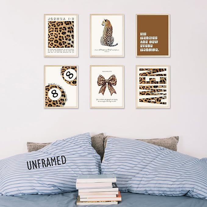 Eastern Print Trendy Leopard Print Wall Art Set, Cheetah Prints Room Decor, Bible Verse Art Prints, Trendy Decor for Bedroom, Living Room, Lucky 8 Ball Aesthetic Posters, 6Pcs 8x10in, UNFRAMED