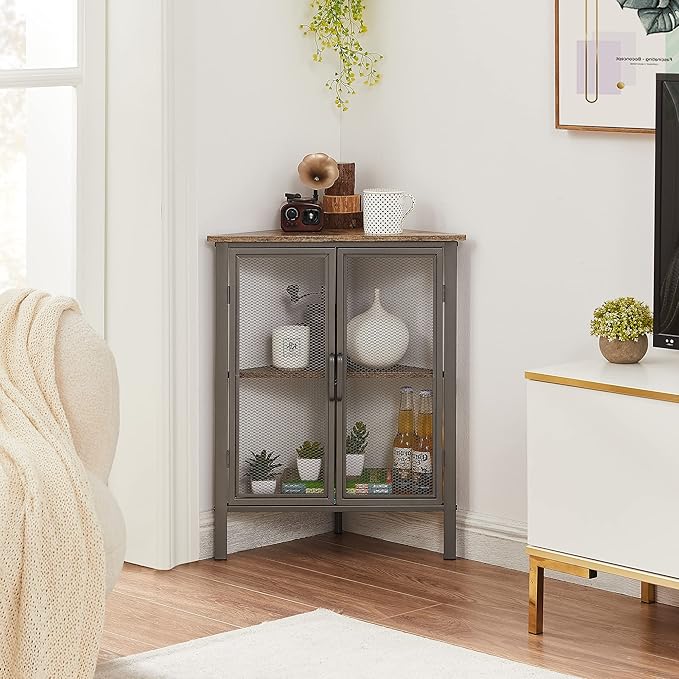VECELO Corner Cabinet/Table, 3-Tier Display Shelves with Protection Door, Metal Frame Storage Shelf Organizer for Small Space, Living Room, Kitchen, Bathroom