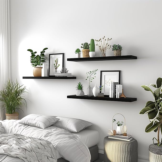 GXYAWPJ 36 Inch Floating Shelves for Wall Rustic Black Wood Wall Shelves for Bedroom Set of 4