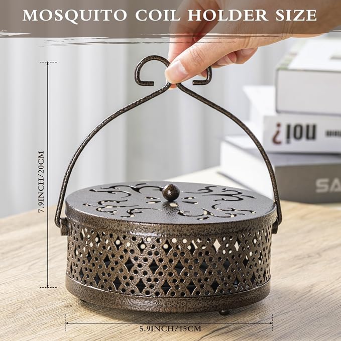 Lallisa 2 Pieces Incense Coil Holder Mosquito Coil Holder Retro Portable Round Metal Hanging Incense Burner Holders with Handle for Home Indoor Outdoor Camping Patio (Bronze Color)