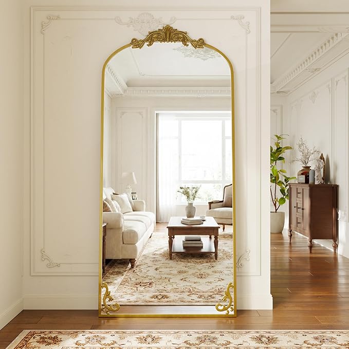 GLSLAND 32"x71" Vintage Full Length Mirror,Large Carved Arched Full Body Mirror with Metal Frame for Bedroom/Living Room/Entryway,Gold