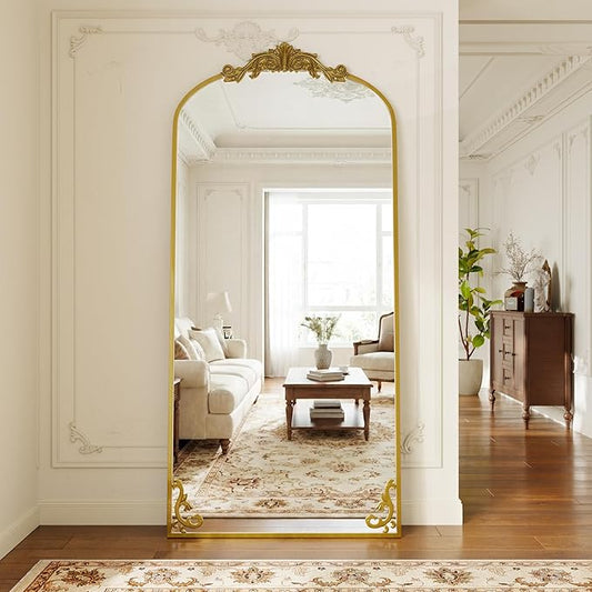 GLSLAND 32"x71" Vintage Full Length Mirror,Large Carved Arched Full Body Mirror with Metal Frame for Bedroom/Living Room/Entryway,Gold