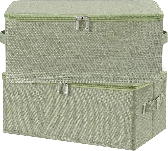 ANMINY 2PCS Storage Bins with Zipper Lids 13 Qt Lidded Fabric Storage Boxes Baskets Cubes with Handles Collapsible Washable Cotton Linen Closet Shelf Clothes Organizer Containers - Green, Small