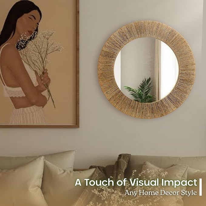 Chi An Home 24 Inch Natural Jute Mirror, Wall Mounted Round Mirror with Metal Frame, Wall Decor Rustic Farmhouse Boho Decor Accent for Bathroom, Bedroom, Living Room, or Entryway