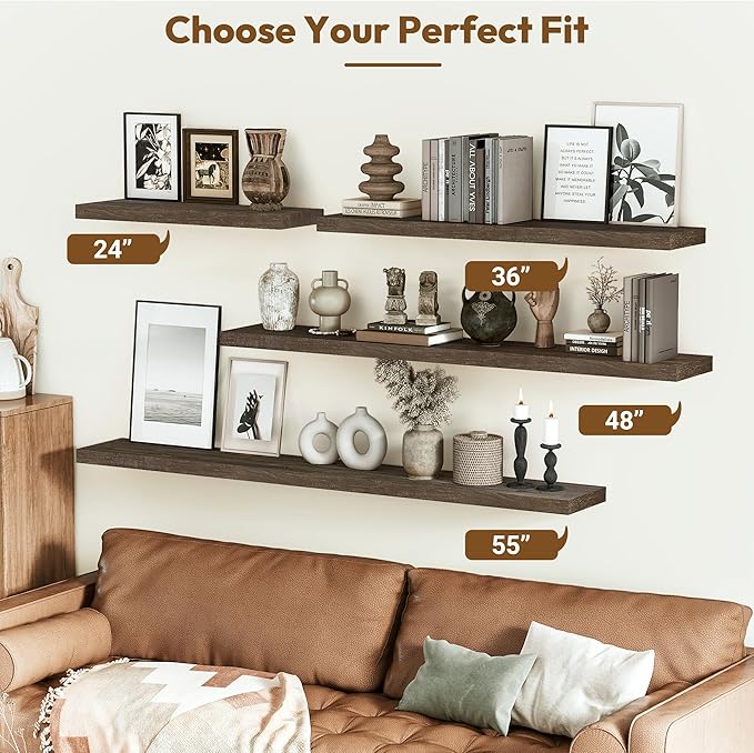 Vivelove Solid Wood Floating Shelves Set of 2, Elm Wood Wall Shelf with Invisible Bracket for Living Room Bedroom Bathroom Office, Rustic Farmhouse Display Shelf, 36 inch - Dark Walnut