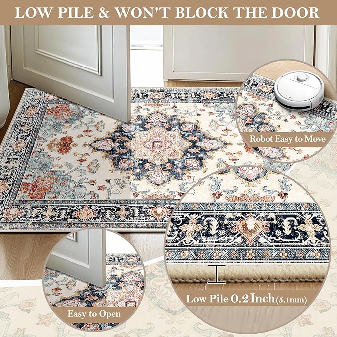 CAPALOCA Machine Washable Rugs Nursery Rug 5x7 Cute Girl Non Slip Low Pile Water Repellent Soft Print Pattern for Bedroom Indoor Decor Kids Playroom Bluebeige