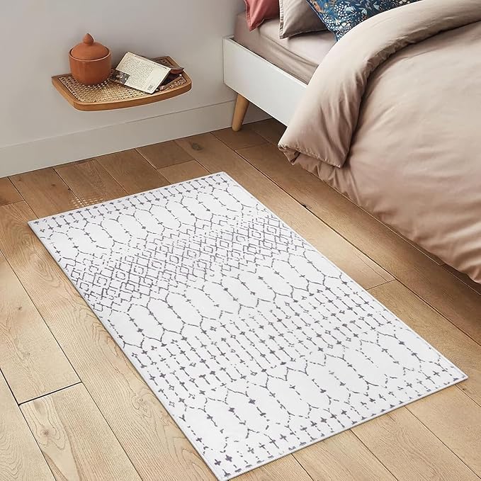 Lahome Moroccan Door Rugs for Entryway Indoor 2x3 Non-Slip Washable Front Door Mat Stain Resistant Untra-Thin Grey White Small Kitchen Rug, Geometric Inside Door Mats for Entrance Bathroom Sink Hana