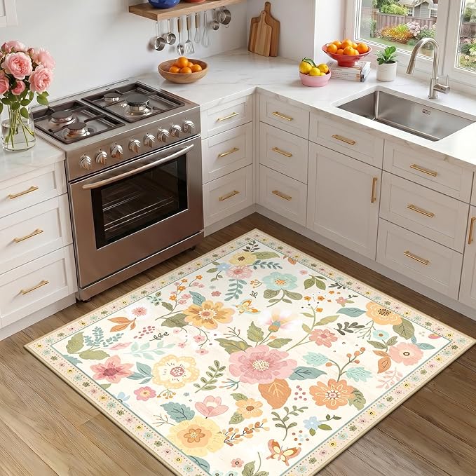 RELEANY Floral Nursery Square 5ft Area Rugs Washable Print Boho Cute Carpet Non Slip Flower Low Pile for Living Room Kids Girls Playroom Bedroom Kitchen Office Farmhouse-Beige/White/Orange