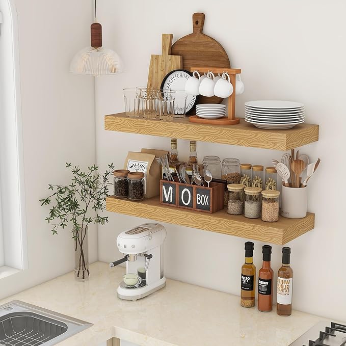 FLYJOE Deep Floating Shelves | 36 Inch Oak Floating Shelves Set of 2 | 12 Inch Deep Rustic Wood Shelves for Wall | 36" W x 12" D Oak Shelves for Living Room Bathroom Laundry Room Kitchen
