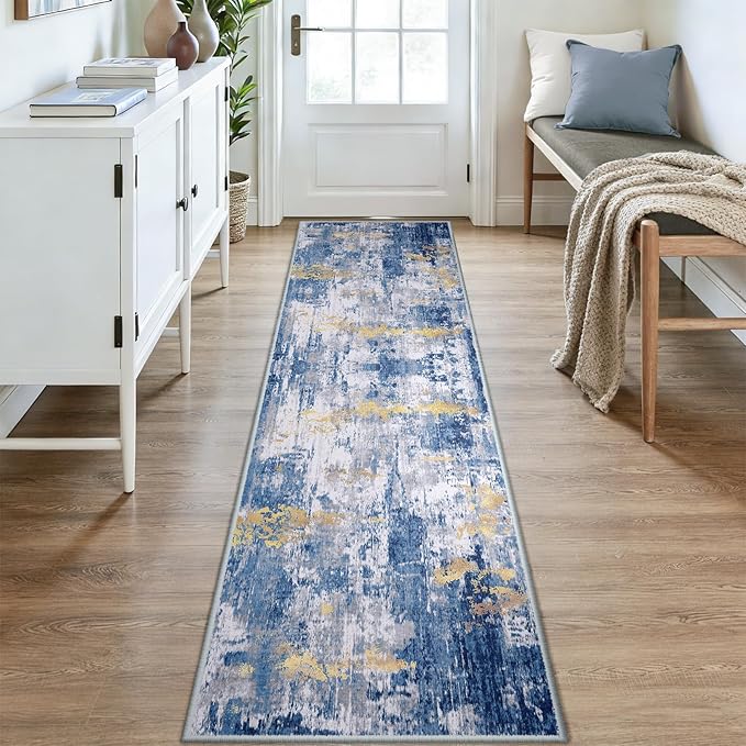RELEANY Washable Area Rugs 2x9 Non-Slip Modern Abstract Soft for Living Room Entryway Bedroom Nursery, Print Pattern, Grey Blue Gold/Golden