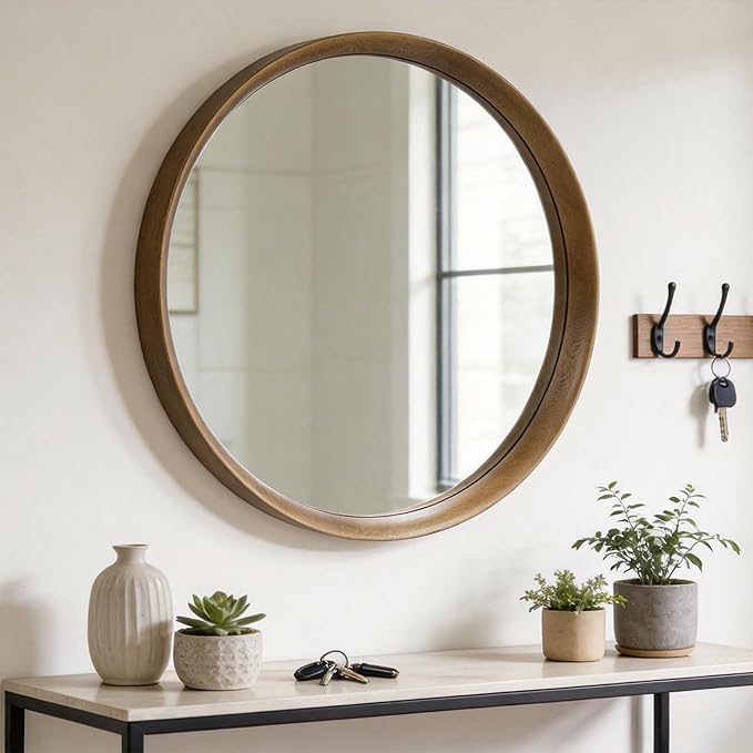 Brakki Round Wall Mirror with Wood Frame, 36 inch Circle Mirror for Bathroom Bedroom Entryway Vanity Living Room, HD Shatterproof Glass, Wall Mounted Decor, Hanging or Leaning, Walnut