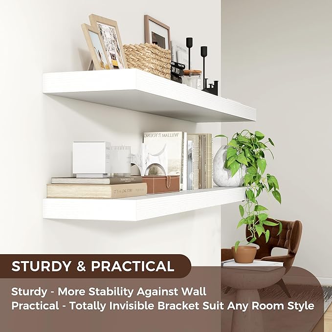 Venusmiles Floating Shelves for Wall 48 inch Long, Engineered Wood Wall Shelves with Invisible Brackets for Living Room Bedroom Bathroom Office Kitchen Decor and Storage, White Finish, Set of 2