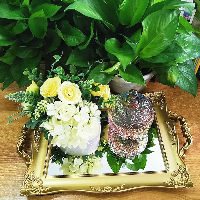 Rectangle Decorative Mirror Tray, French Style, Makeup Organizer, Jewelry Organizer, Serving Tray, 9.5"x 14.9", Gold
