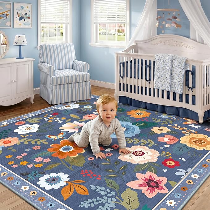 RELEANY Floral Nursery Square 8ft Area Rugs Washable Print Boho Cute Carpet Non Slip Flower Low Pile for Living Room Kids Girls Playroom Bedroom Kitchen Office Farmhouse-Blue/Grey