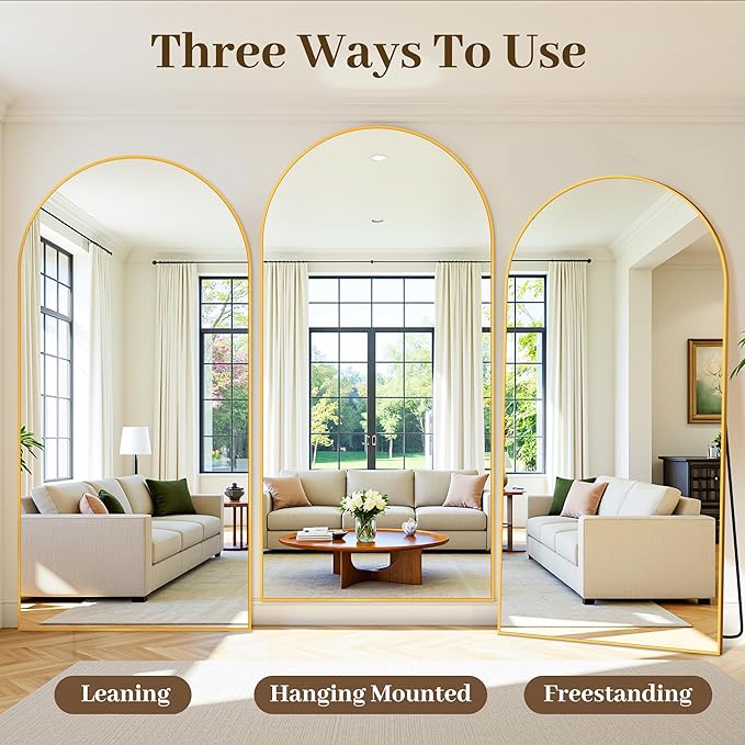 Suidia 82"x44" Arched Full Length Mirror with Stand, Full Body Mirror with Aluminum Frame, Freestanding/Leaning/Wall-Mounted, Floor Mirrors for Bedroom, Living Room, Entryway, Dressing Room, Gold