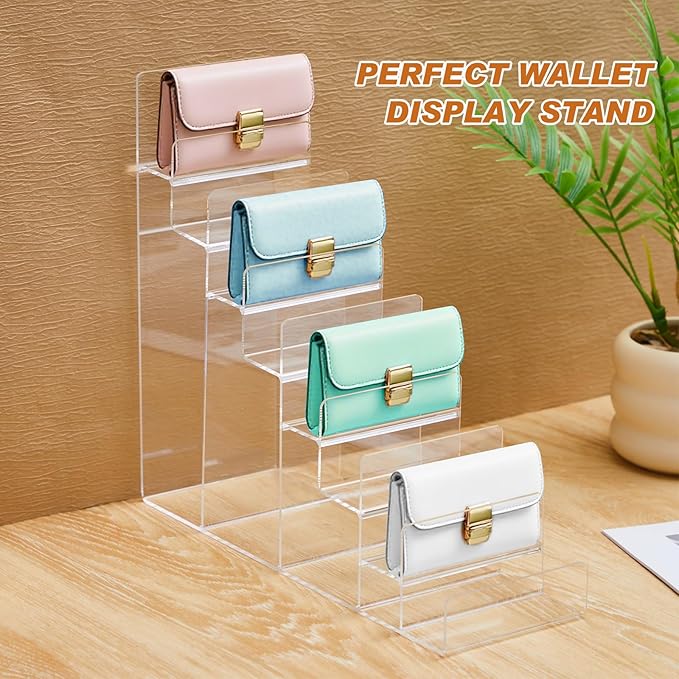 Kathfly 2 Pack 7-Tier Acrylic Wallet Display Stand Clear Purse & Handbag Organizer Riser Shelf for Perfume, Sunglasses, Cosmetics, Jewelry Vendor Display for Craft Fairs, Retail