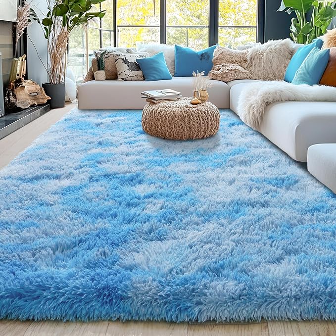 5x7 Fluffy Fuzzy Area Rug for Living Room Bedroom, Ultra Soft Rugs for Living Room, Modern Shaggy Carpets Rug for Boys Girls Dorm Nursery Home Decor Aesthetic, Upgrade Non-Slip Durable, Tie-Dye Blue