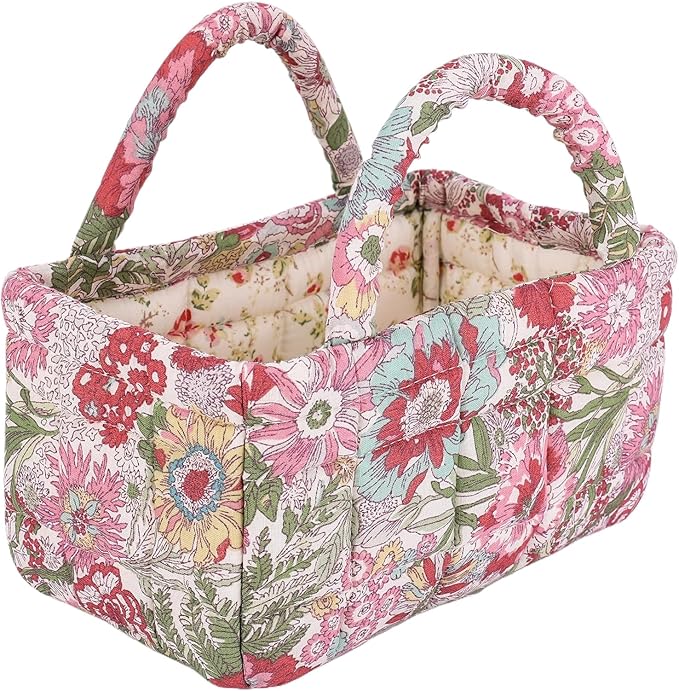 Mini Storage Basket, Small Quilted Boho Fabric Organizer Bin with Handle, Portable Collapsible Basket for Socks, Keys, Diaper