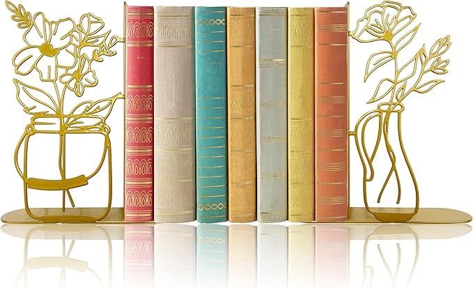 Metal Flower Vase Book Ends, Cute Book Ends for Office Home Decor Decorative Book Ends for Shelves, Ideal Gift for Book Lovers(Gold)