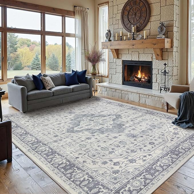 Rugxara 8x10 Washable Area Rug for Living Room, Extra Large Vintage Boho Rugs for Office, Kids Room, Farmhouse, Durable Low Pile Non Slip Carpet for High Traffic Areas,Blue Quartz