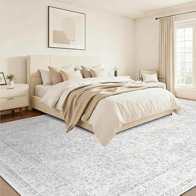 10x14 Area Rugs for Living Room: Washable Large Vintage Floral Rug Low Pile Non-Slip Boho Carpet for Bedroom Home Office Dining Room (FloralGrey, 10'x14')