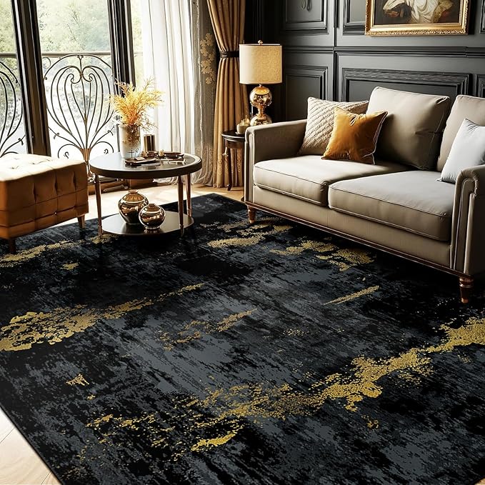 RELEANY Washable Area Rugs 8'x10' Non-Slip Modern Abstract Soft for Living Room Entryway Bedroom Nursery, Print Pattern, Dark Black Gold