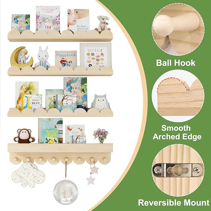 24 Inch Floating Shelves for Wall, 4-Pack Nursery Book Shelves with Hooks, Scalloped Shelves, Wall Book Shelves for Kids Room, Baby Room, Bedroom, Nursery Decor