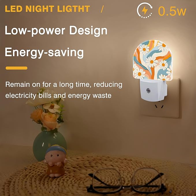 Night Light, Retro Groovy Flower Night Lights Plug into Wall Dusk to Dawn Sensor Round Nightlight for Women Men Energy Efficient Led Lamp 0.5W for Stairway Hallway Bedroom