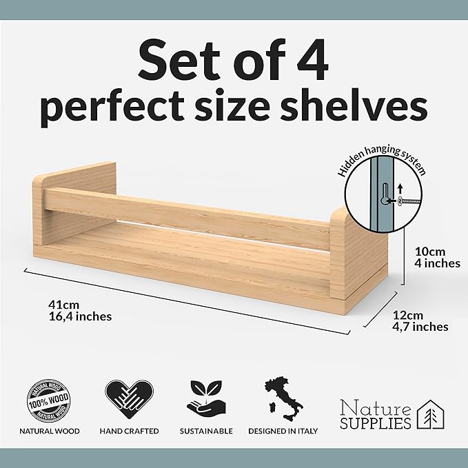 NATURE SUPPLIES Set of 4, Natural Wood Floating Nursery Book Shelves, 16.4" Floating Bookshelves, Wall Book Shelf for Kids Rooms Decor, Toys & Playroom Furniture, Kids Bookshelf, Nursery Bookshelf