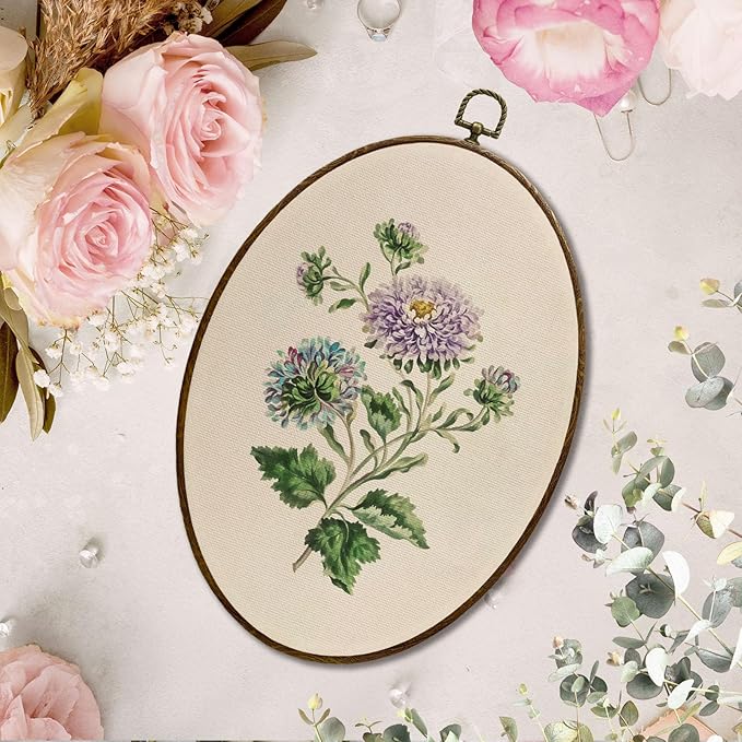 JQF Vintage Purple Aster Floral Oval Wall Decor, Cottagecore Floral Oval Canvas Wall Art, Neutral Antique Botanical Flower Framed Prints Hanging Decor for Home Bedroom Living Room, 8.5x11.5 Inch