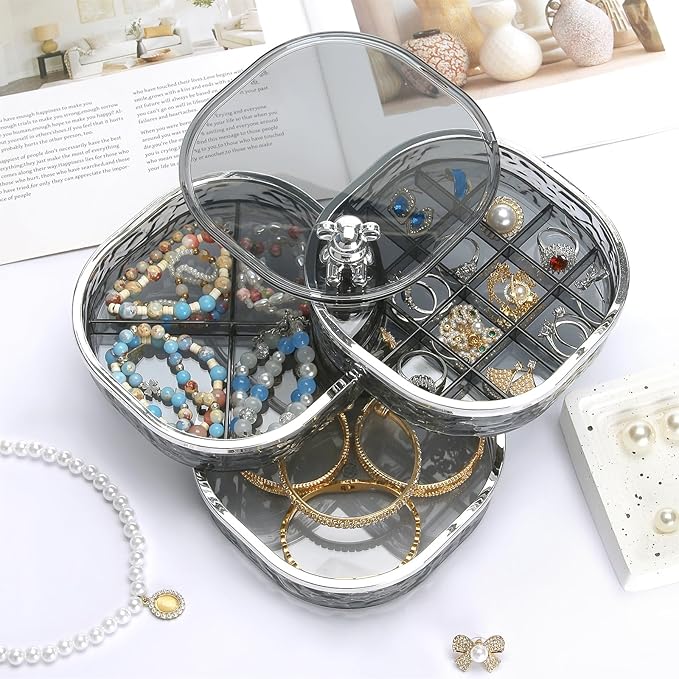 LETURE 3-Layers Rotatable Jewelry Organizer Storage Box, Clear Ripple Jewelry Holder Case for Ring Earring Necklaces Bracelets Makeup Hair Accessories, Small Rotating Jewelry Tray for Women (Grey)