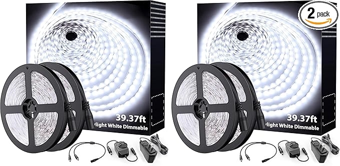 Onforu LED Strip Lights,39.37ft 6000K Dimmable Daylight White Tape Light,12m 720 LEDs 2835 Flexible Ribbon Mirror Light, 12V Adhesive Rope Lights for Kitchen, Under Cabinet, Bedroom (Pack of 2)