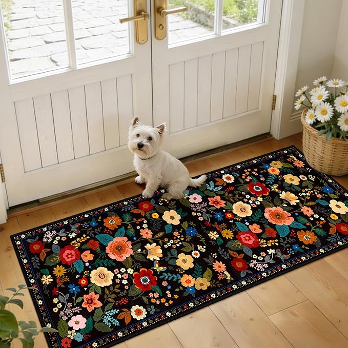 RELEANY Floral Nursery 2x5 Area Rugs Washable Print Boho Cute Carpet Non Slip Flower Low Pile for Living Room Kids Girls Playroom Bedroom Kitchen Office Farmhouse-Black