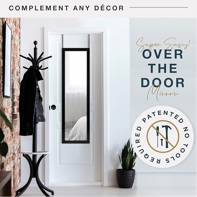 MCS 14.7x50.7 Black Over The Door Mirror, Full Length Hanging Mirror for Bedroom & Bathroom Doors, Lightweight Design with Patented No Tools Required Hanging System