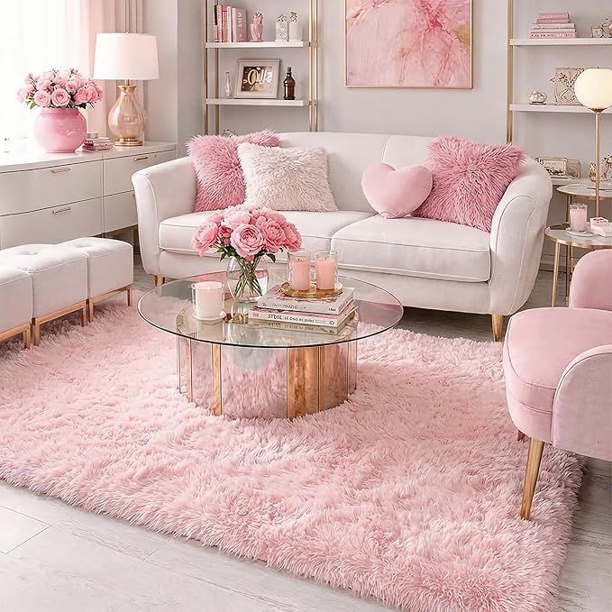 Pink Area Rugs for Bedroom Girls, Living Room Decor, Fluffy Fuzzy Shag Rug 4x6 for Kids Room, Soft Cute Indoor Floor Carpet for Baby, Teen, Nursery, Preppy Dorm, Playroom, Plush Aesthetic Bedside Rug