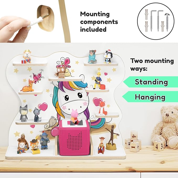 stadtecken Wooden Shelf for Music Box I Suitable for The Toniebox and ca. 50 Tonies I Perfect Storage in The Children's Room I for Setting up or Hanging (Large, Pony)