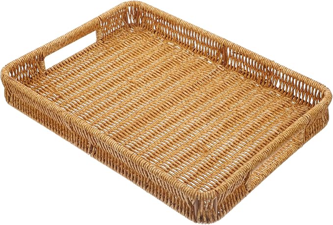 ULTECHNOVO Rectangular Decorative Serving Tray, Simulated Rattan Makeup Organizer Basket, Sturdy Iron Frame, Kitchen and Coffee Table Storage Tray for Home Décor and Desktop Organization