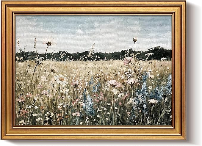 Bzstyleart Vintage Wall Art Decor for Living Room, Framed Landscape Wall Art Bedroom, Meadow with Flowers, Vintage Room Decor, Paintings for Bedroom, 12 x 16 Inch