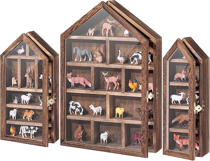 DoubleFill Set of 3 Wooden Trinket Display Shelf Shadow Box with Shelves 10 x 15 Inch Large Wall Mounted Display Storage Mini Figures Curio Trinket Medals Crafts Collections(Brown,House Shape)